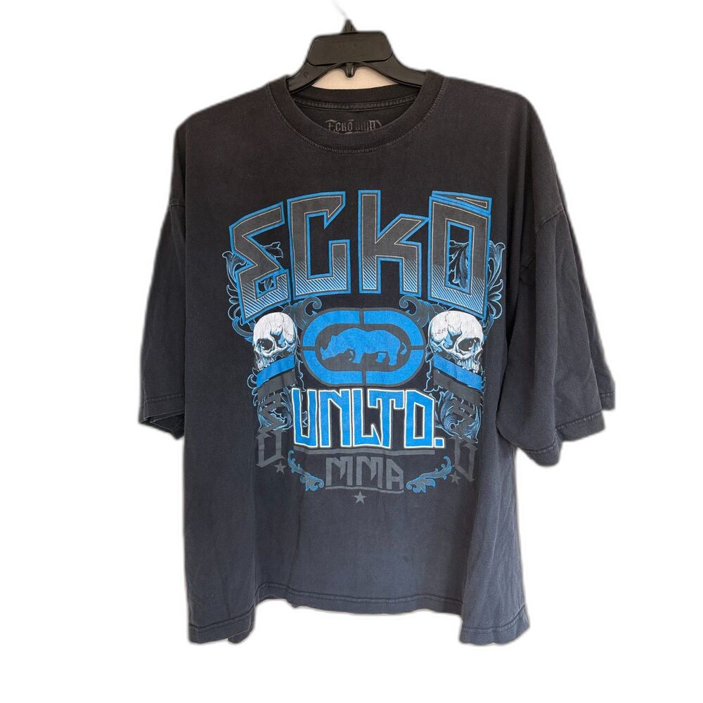 Ecko Unltd MMA Graphic T-Shirt 2XL Black Skull Rhino Y2K Grunge
